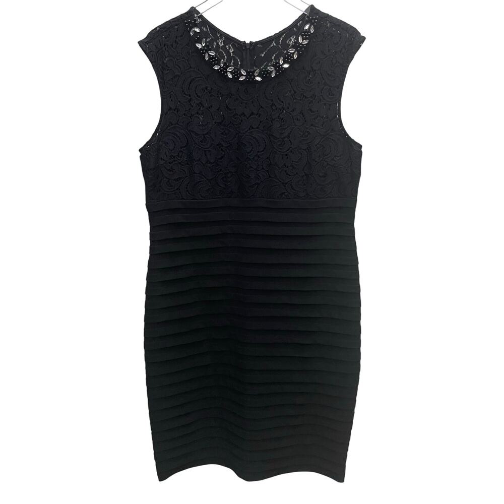 Scarlett Black Sleeveless Horizontal Pleated Lace and Embellished Dress. Size 18